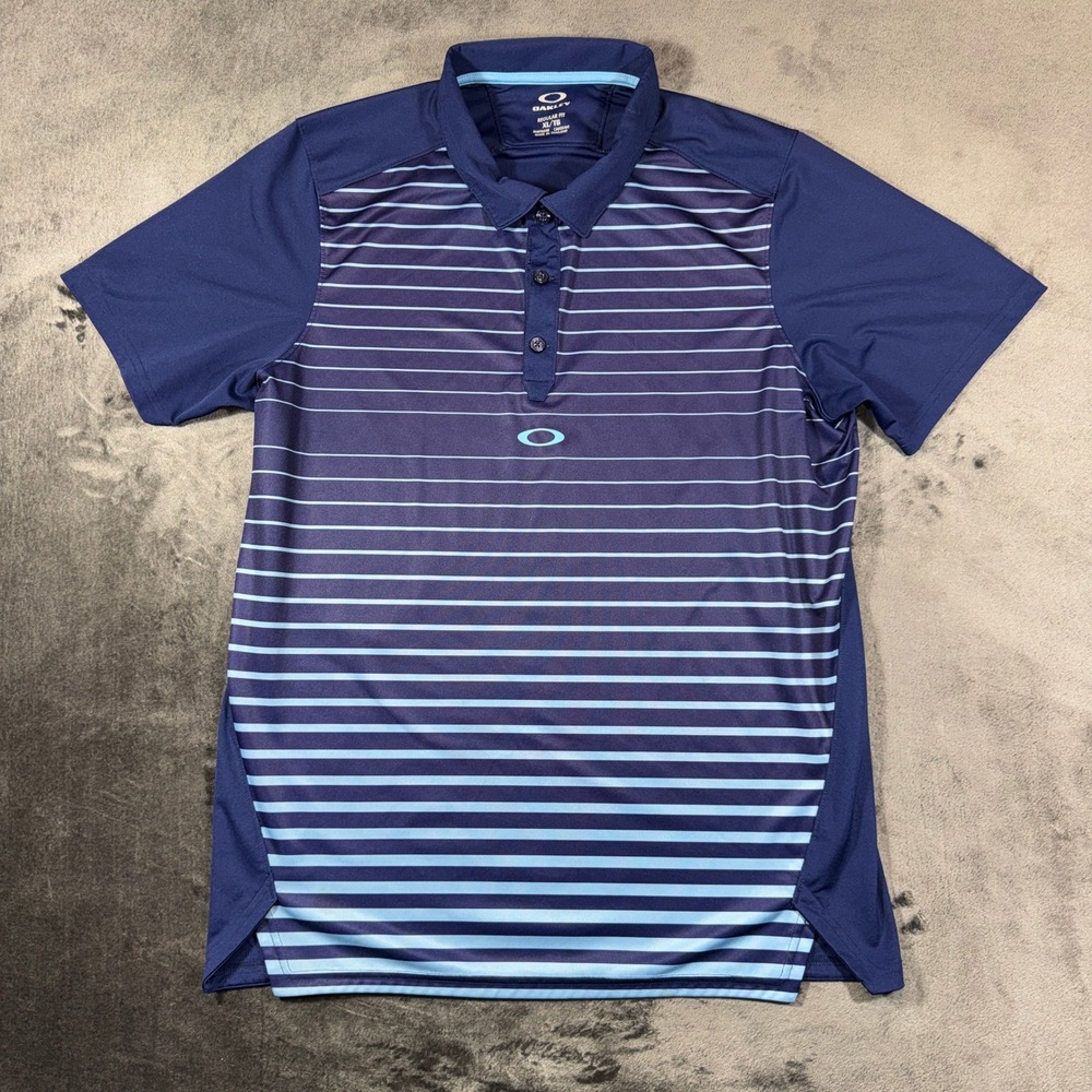 Oakley Ohydrolix Mens Golf Polo Shirt XL Blue Striped Regular Fit Short Sleeve